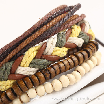 Multilayer Braided Leather Bracelet Wooden Beads Friendship Bracelet